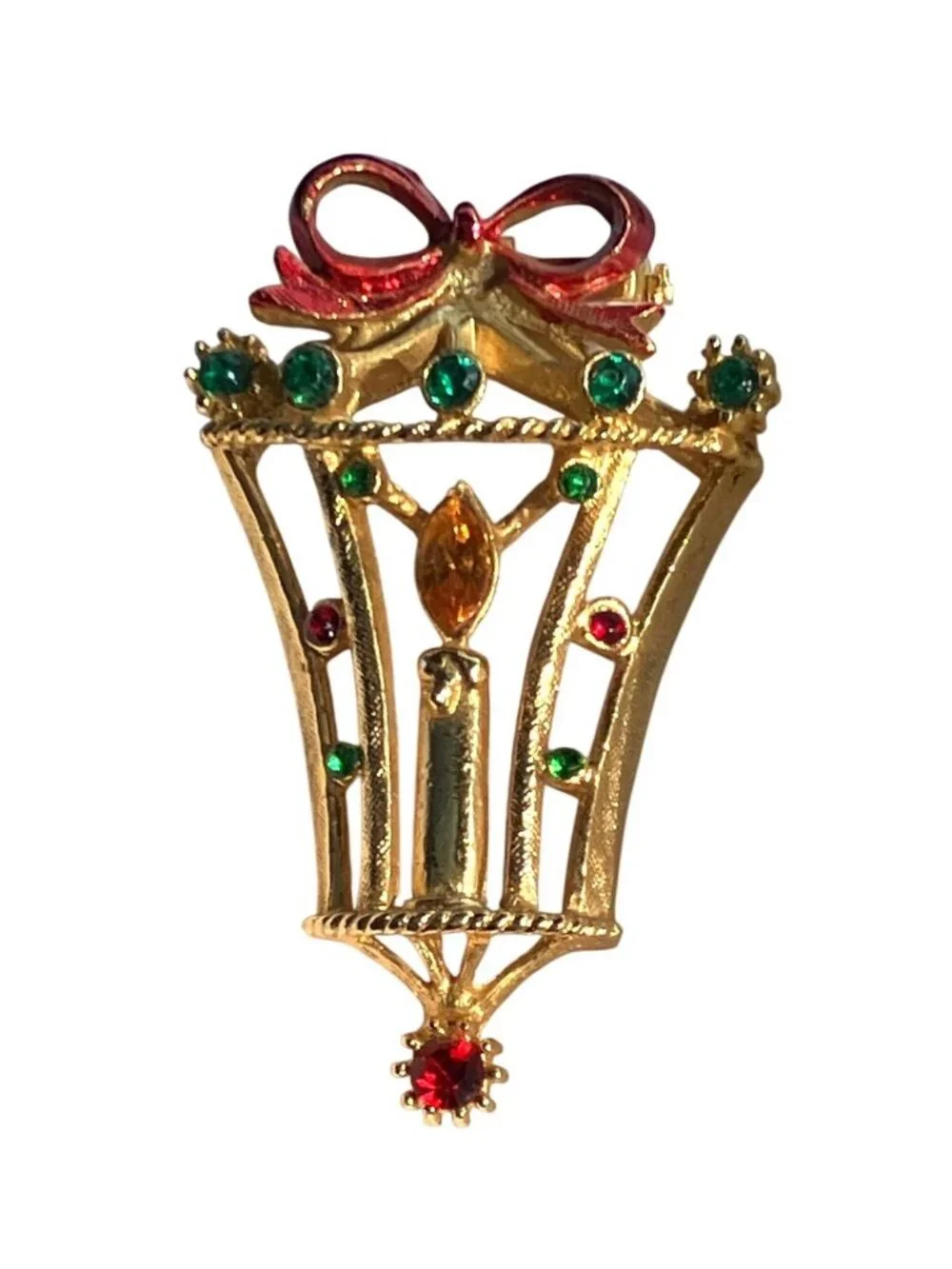 Gold-Tone Christmas Candle Lantern Brooch Pin Signed B.J. Vintage